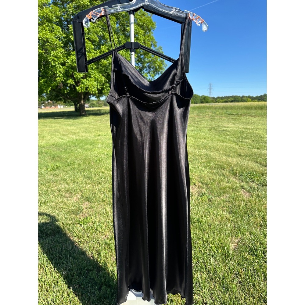 BeBe Black Satin Cowl Neck Midi Slip Dress Spaghetti Strap Minimalist LBD Size M - Picture 3 of 10